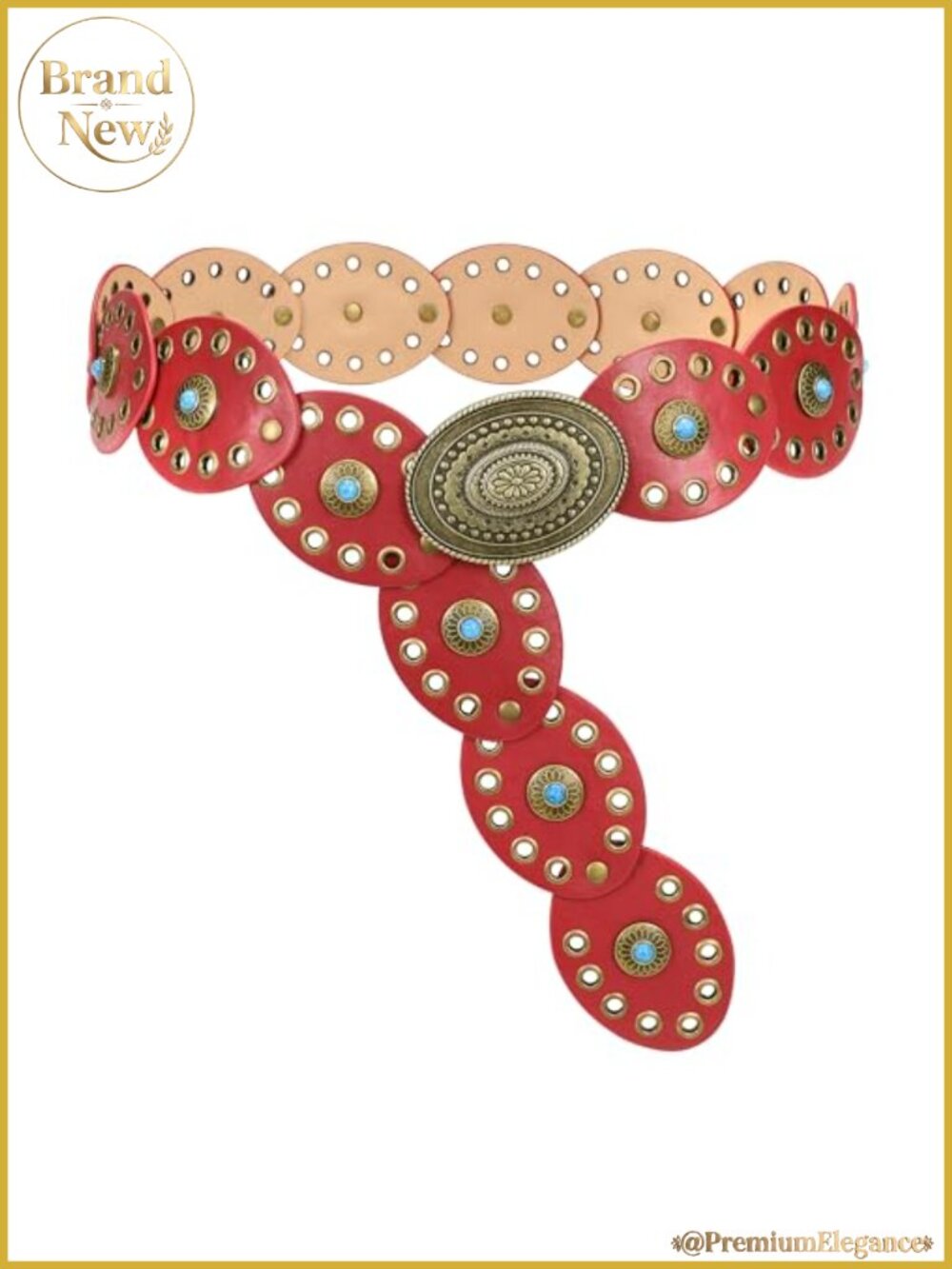 Women's PU Leather Concho Belt with Turquoise Disc Buckle